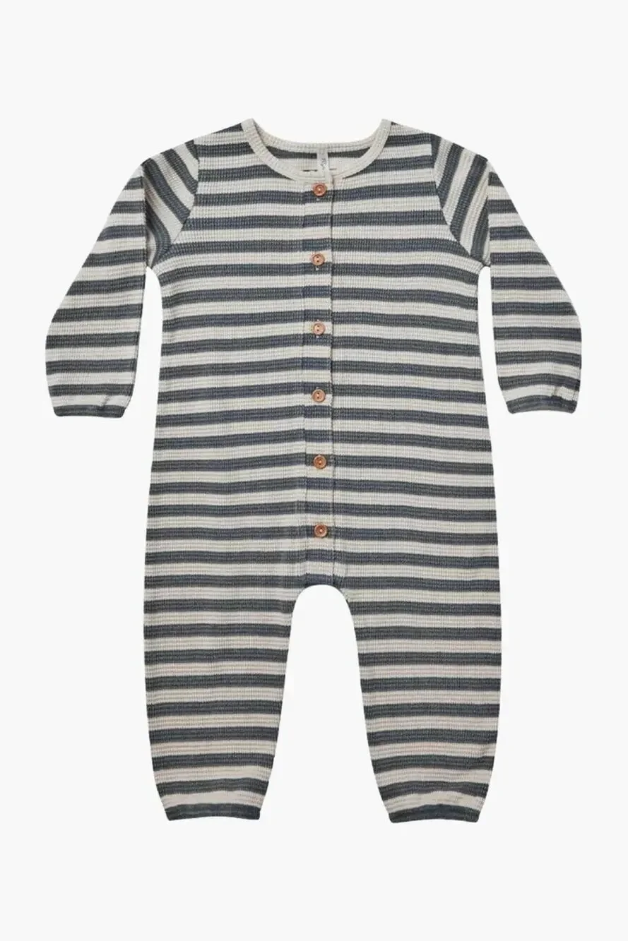 Quincy Mae Grey Off White Striped Button Front Long Sleeve Jumpsuit 18-24 Months